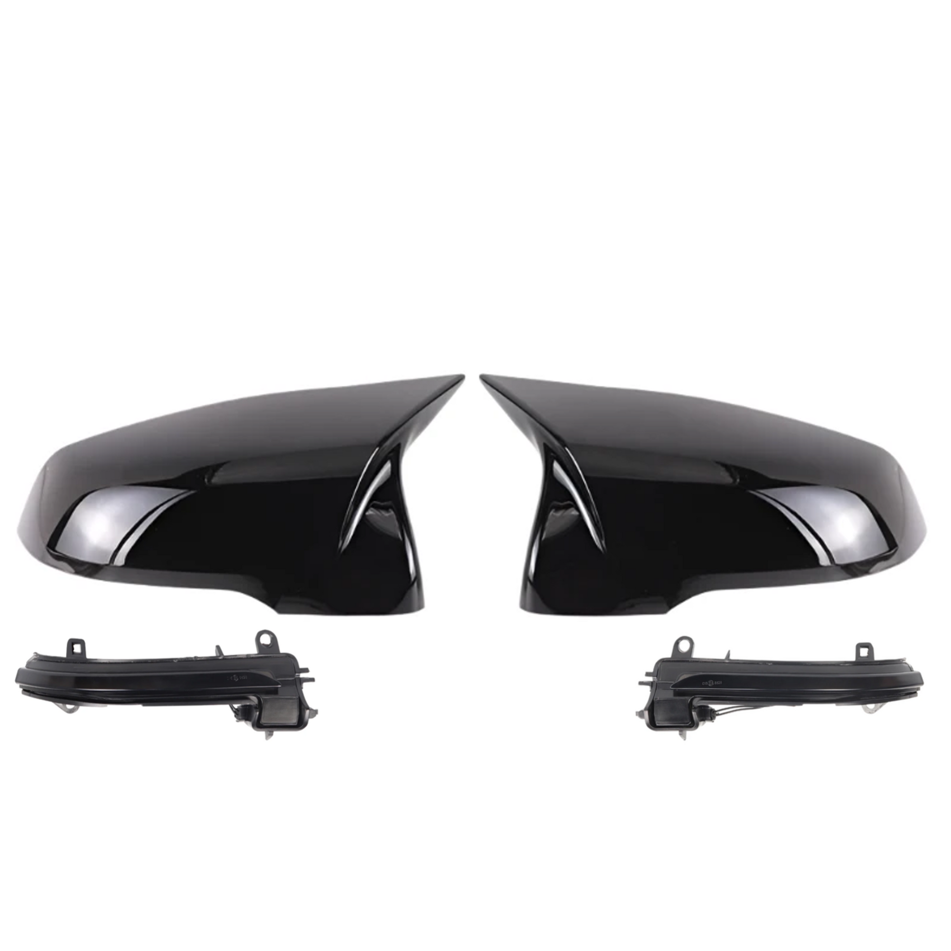 Pair of black car side mirrors on a white background