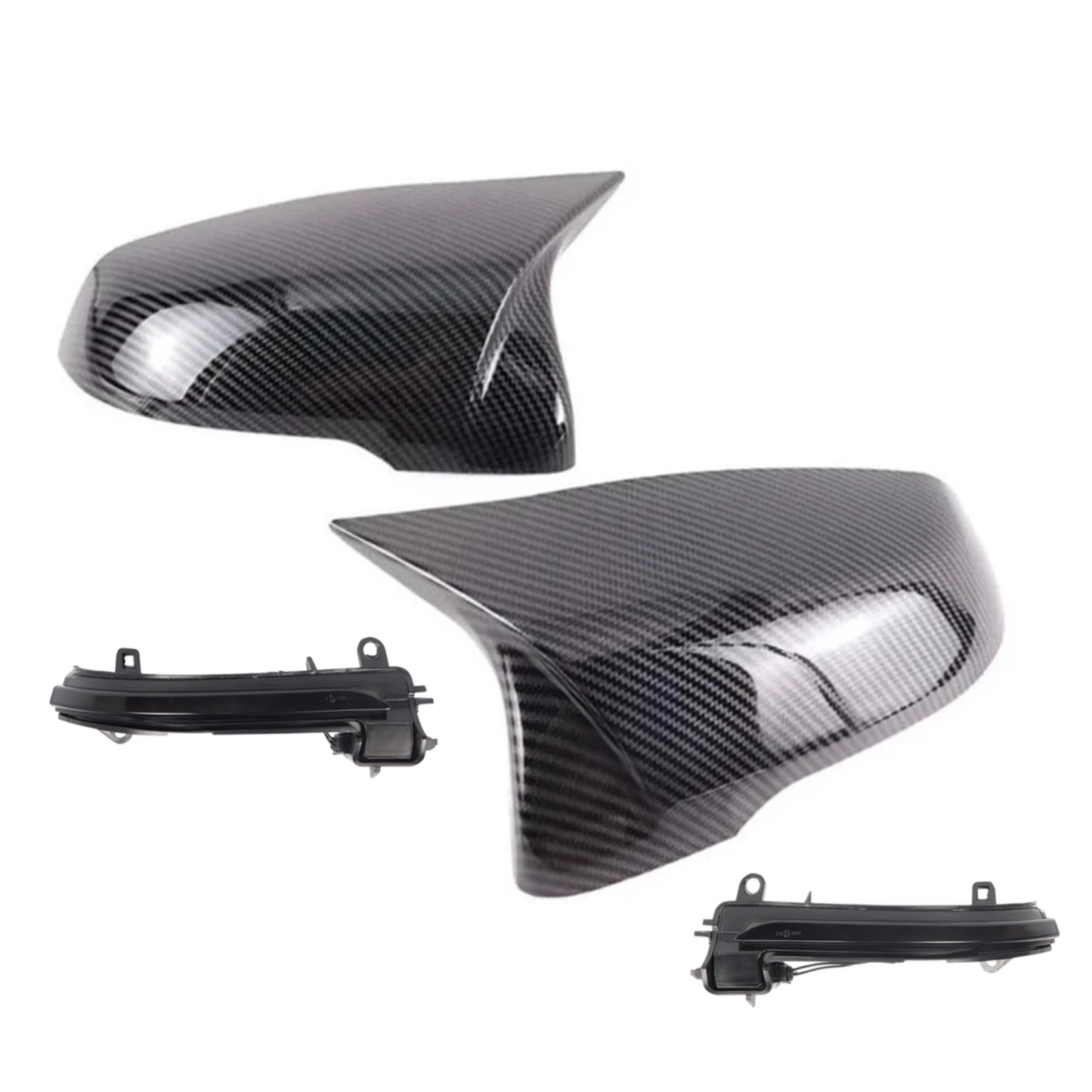 Carbon fiber car side mirrors on a white background
