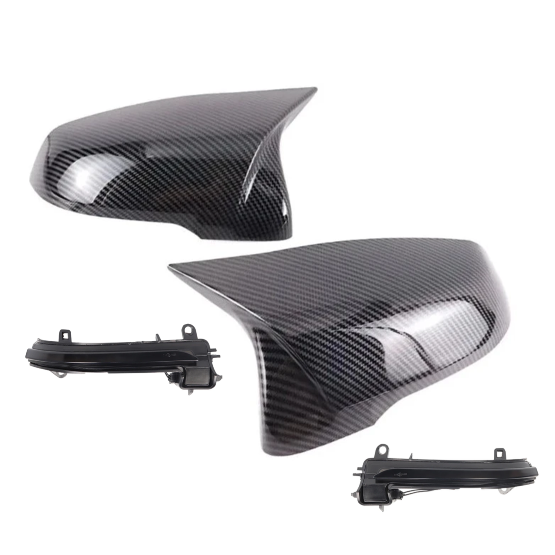 Carbon fiber car side mirrors on a white background