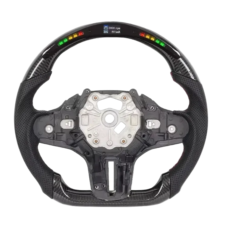 A carbon fiber racing-style steering wheel with a digital display showing battery percentage and RPM, isolated on a white background.
