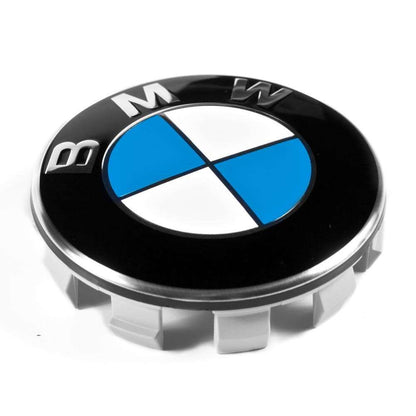 Wheel hub cap BMW blue white close up